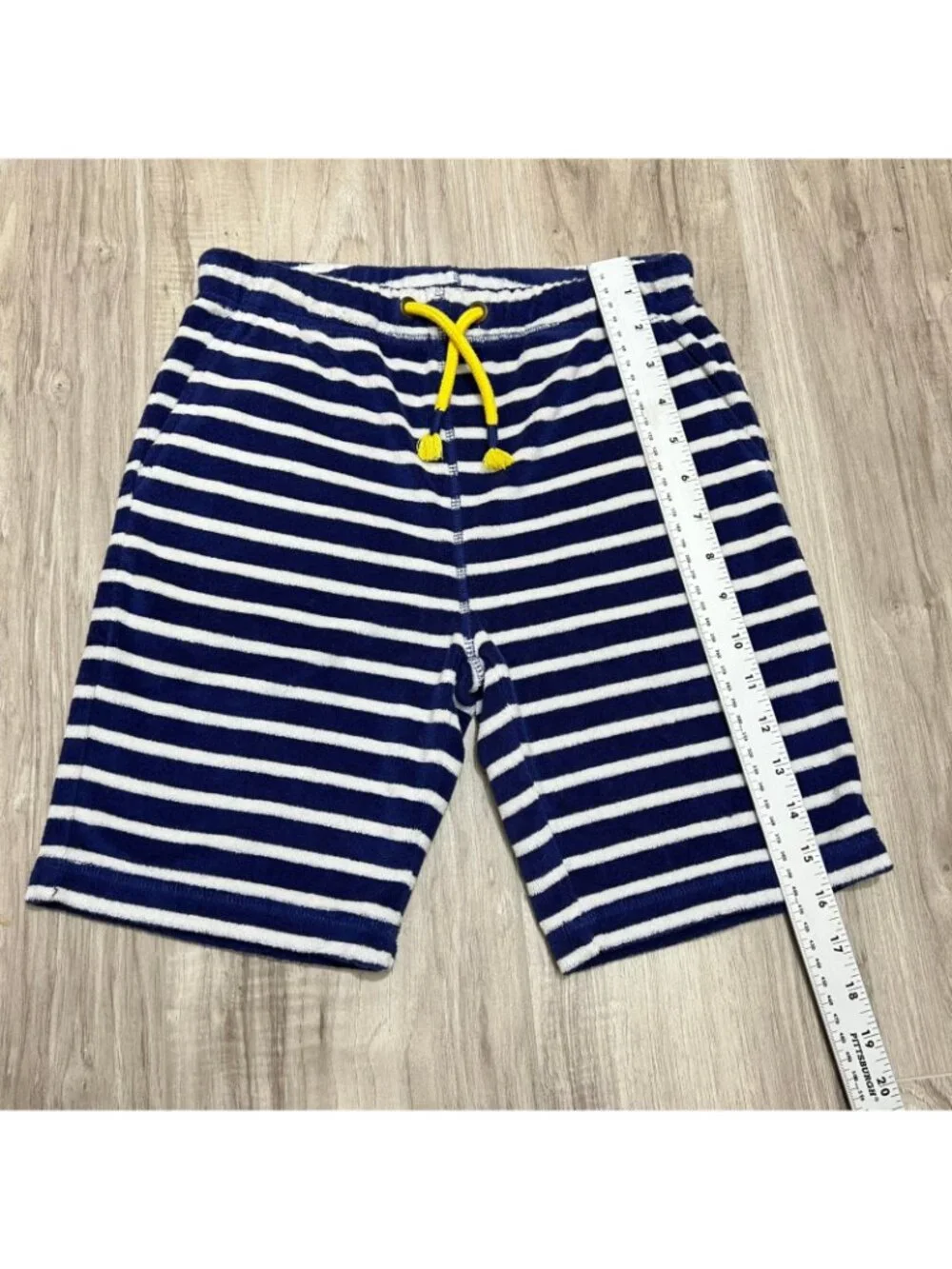 Mini Boden Toweling Shorts Size 10Y Blue White Striped Terry Cloth Yellow Pocket